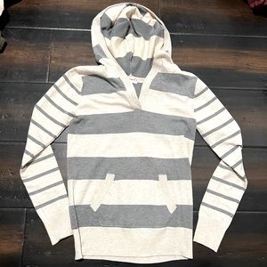 Grey and white striped hooded sweater